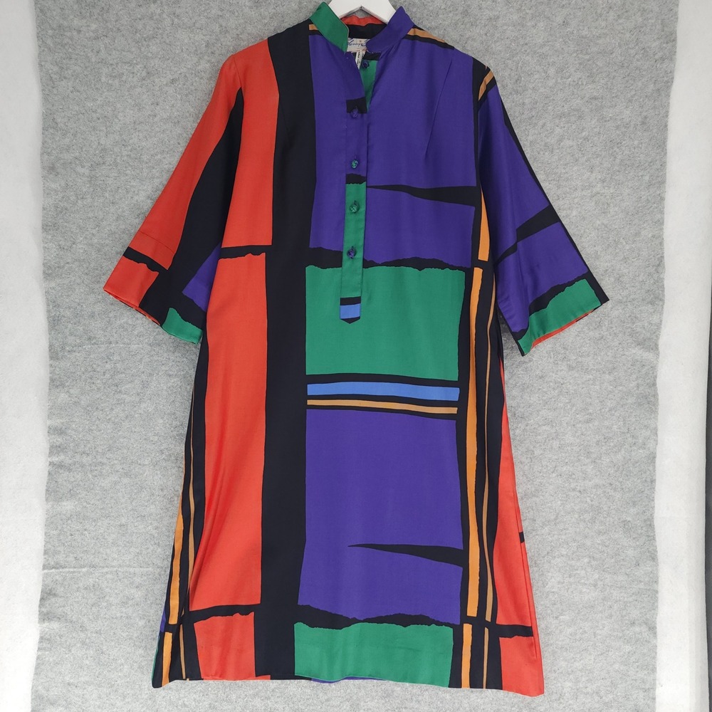 Katherine Ogust Penthouse Gallery Kaftan Cotton Shirtdress Small 70s Vintage Geo